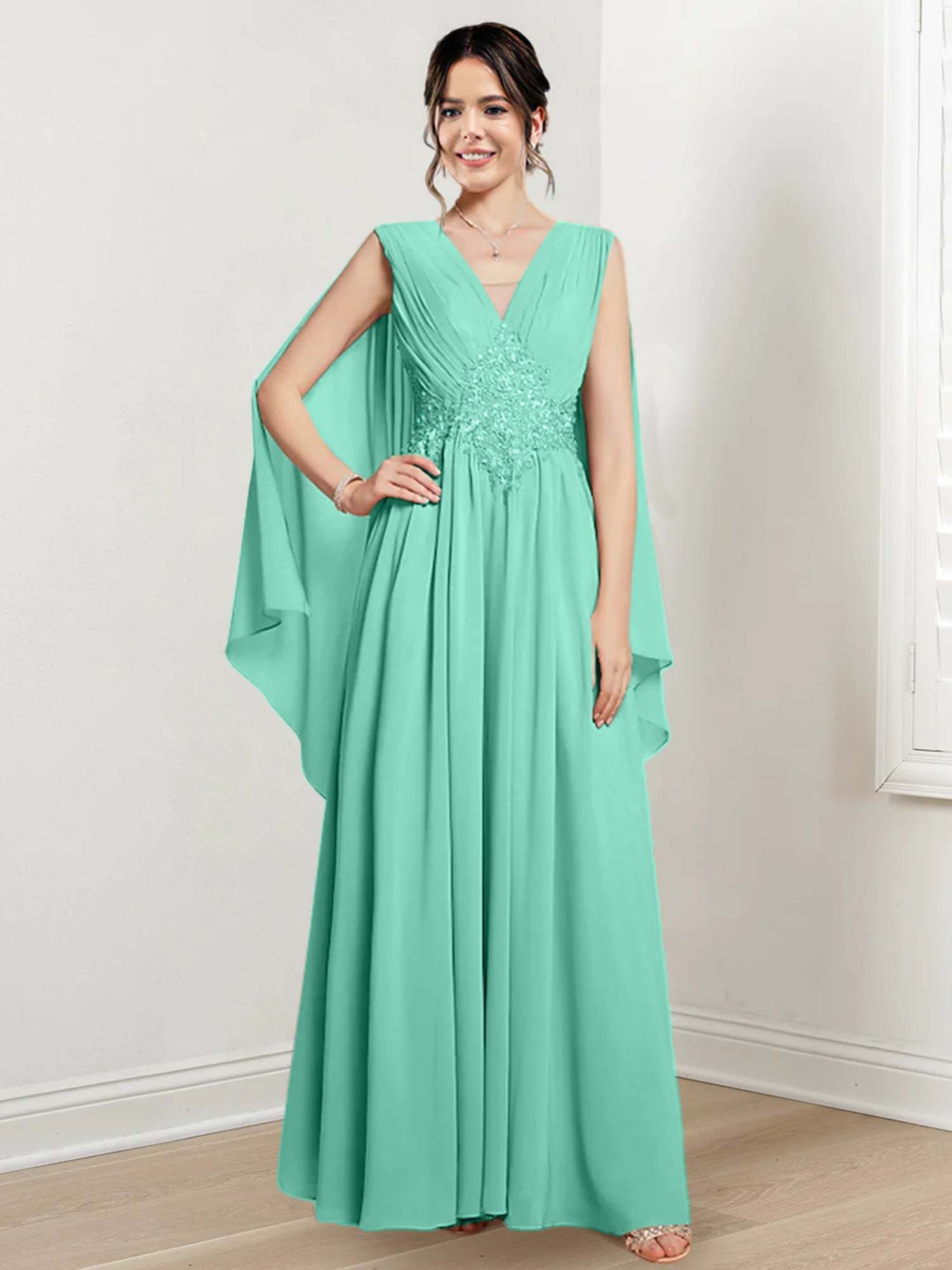 V-Neck A-Line Princess Floor-Length Dresses for the Mother of the Bride