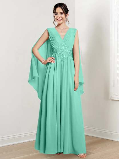 V-Neck A-Line Princess Floor-Length Dresses for the Mother of the Bride