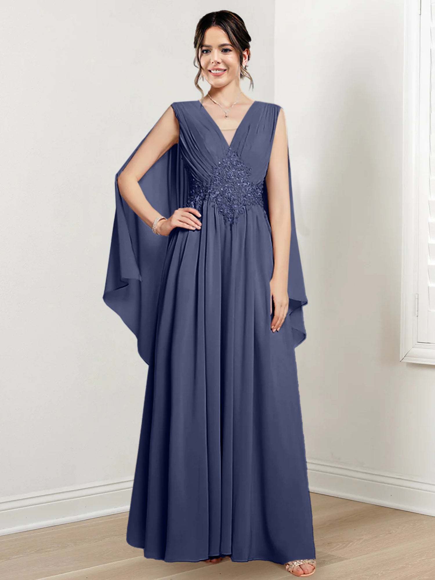 V-Neck A-Line Princess Floor-Length Dresses for the Mother of the Bride