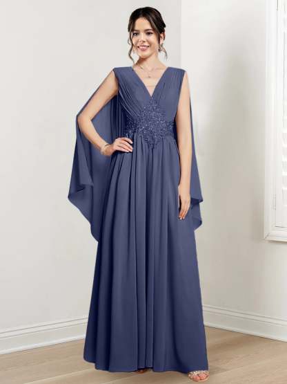 V-Neck A-Line Princess Floor-Length Dresses for the Mother of the Bride