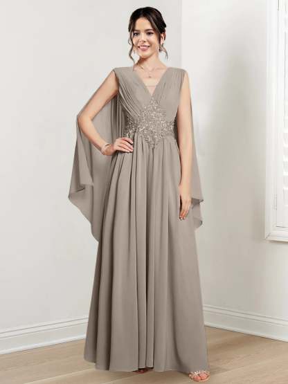 V-Neck A-Line Princess Floor-Length Dresses for the Mother of the Bride