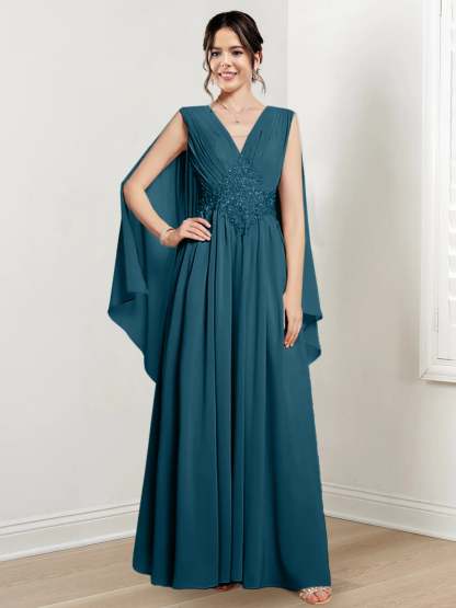 V-Neck A-Line Princess Floor-Length Dresses for the Mother of the Bride