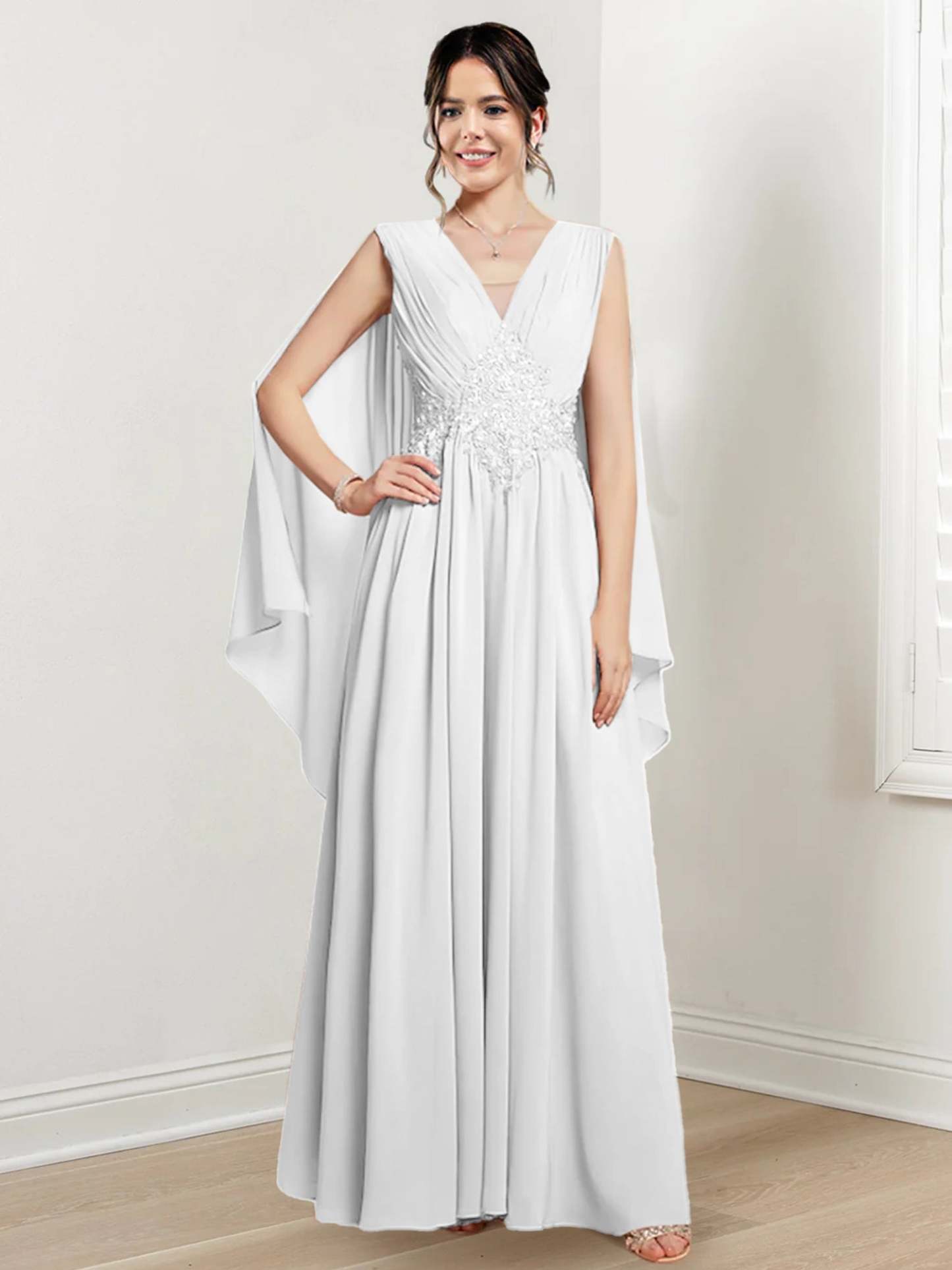 V-Neck A-Line Princess Floor-Length Dresses for the Mother of the Bride