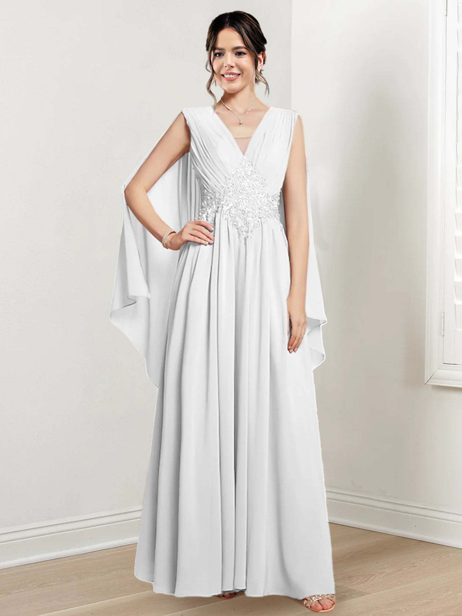 V-Neck A-Line Princess Floor-Length Dresses for the Mother of the Bride