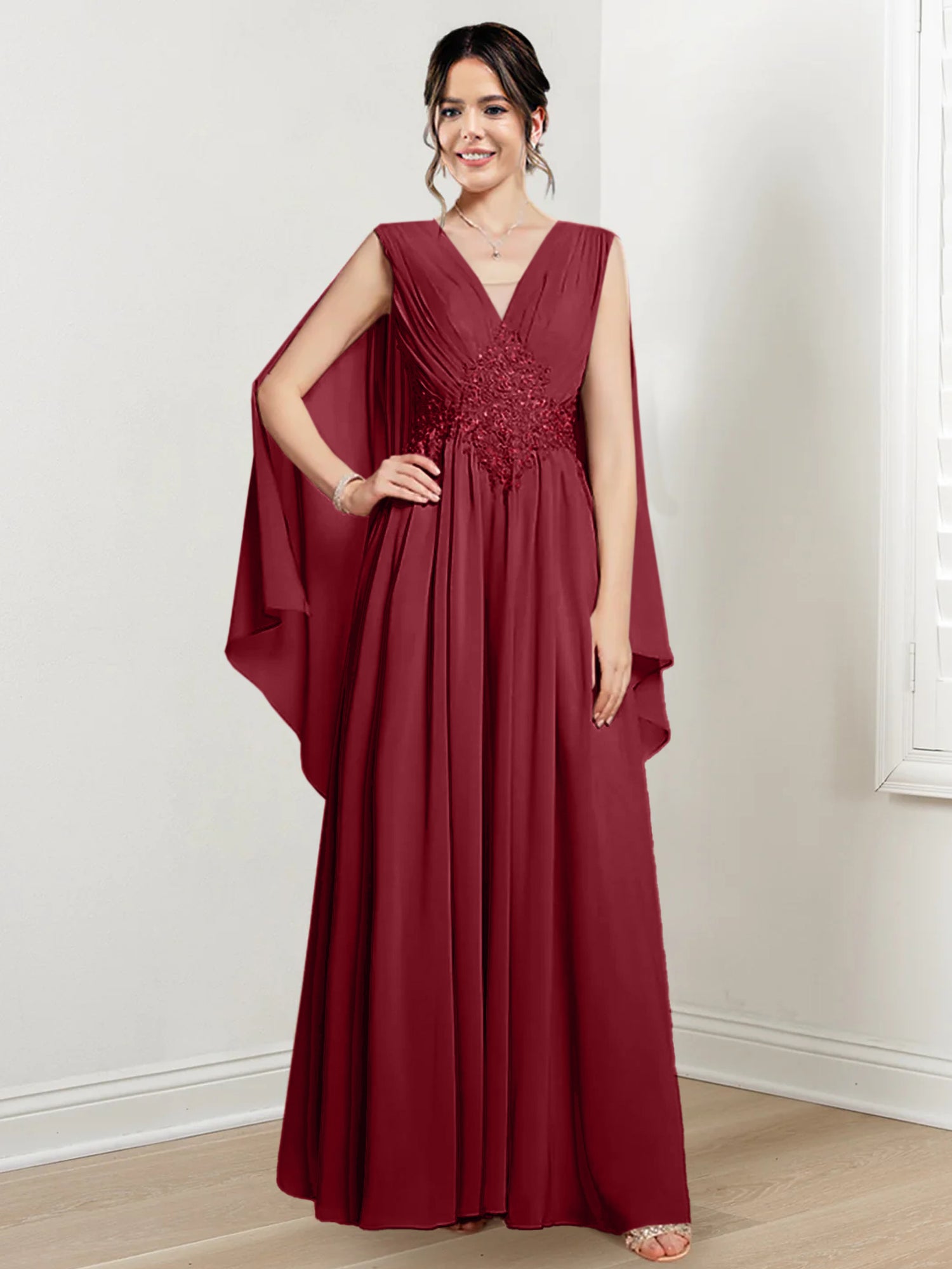 V-Neck A-Line Princess Floor-Length Dresses for the Mother of the Bride
