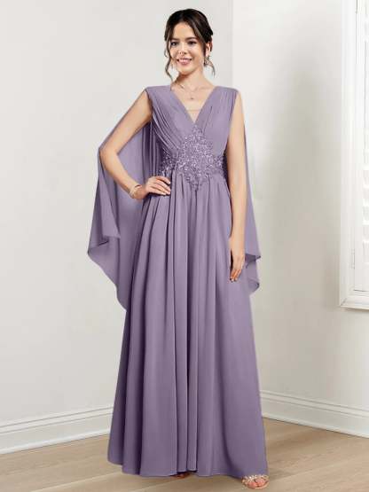 V-Neck A-Line Princess Floor-Length Dresses for the Mother of the Bride