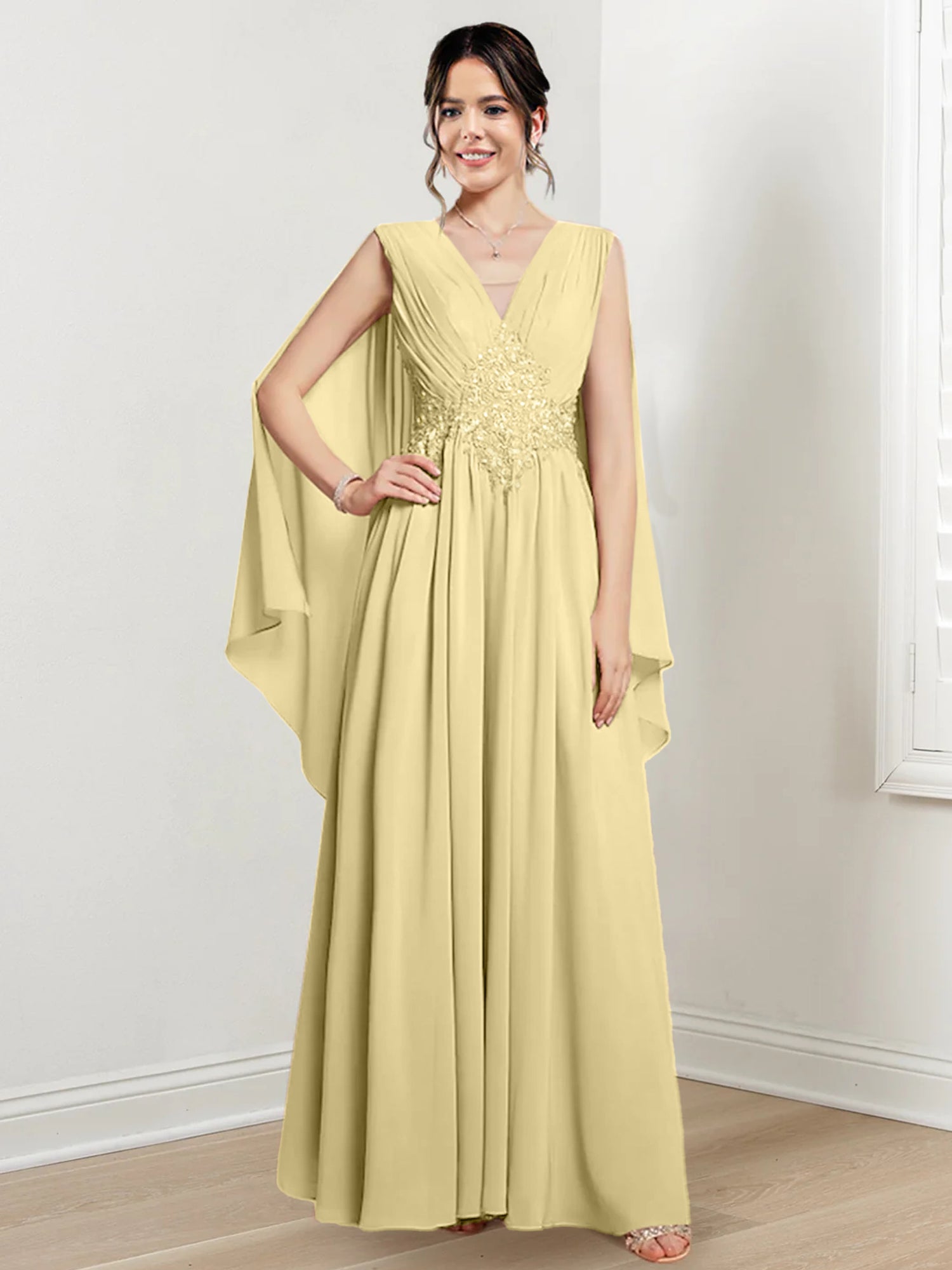 V-Neck A-Line Princess Floor-Length Dresses for the Mother of the Bride