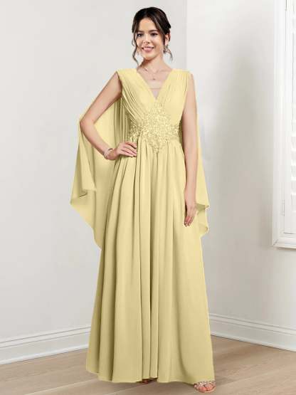 V-Neck A-Line Princess Floor-Length Dresses for the Mother of the Bride