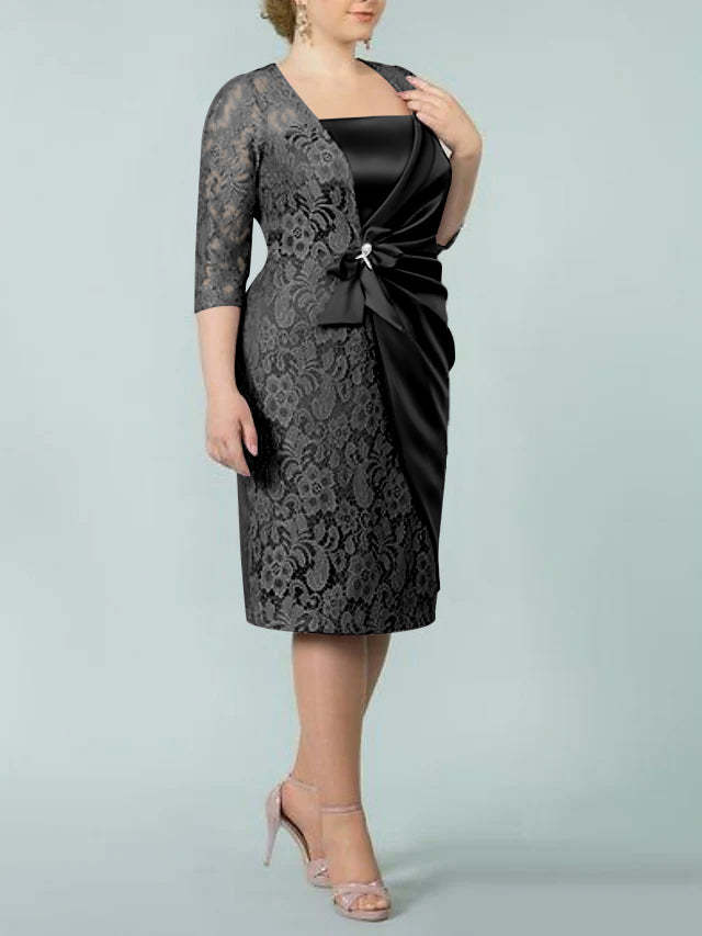Square Neck Tea-Length Mother of the Bride Sheath/Column Dresses