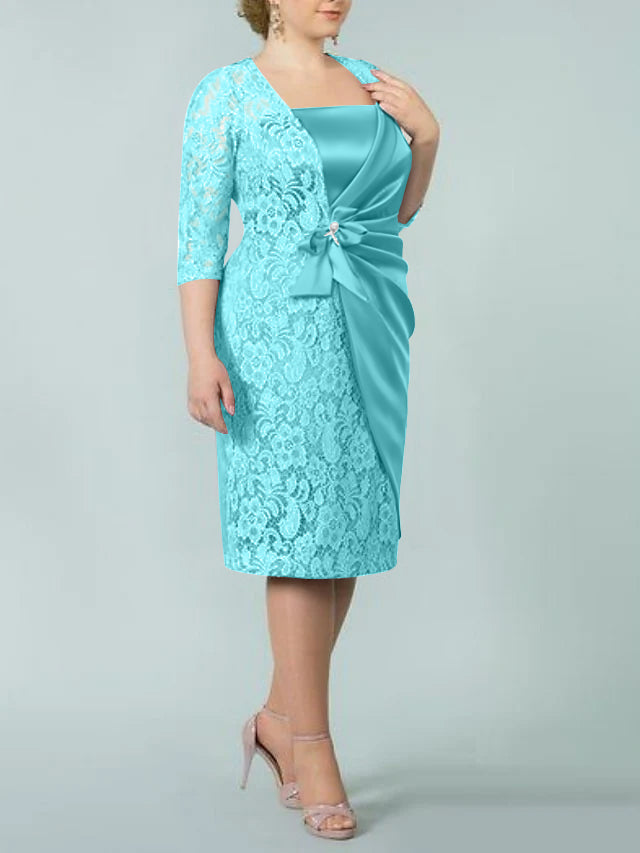 Square Neck Tea-Length Mother of the Bride Sheath/Column Dresses