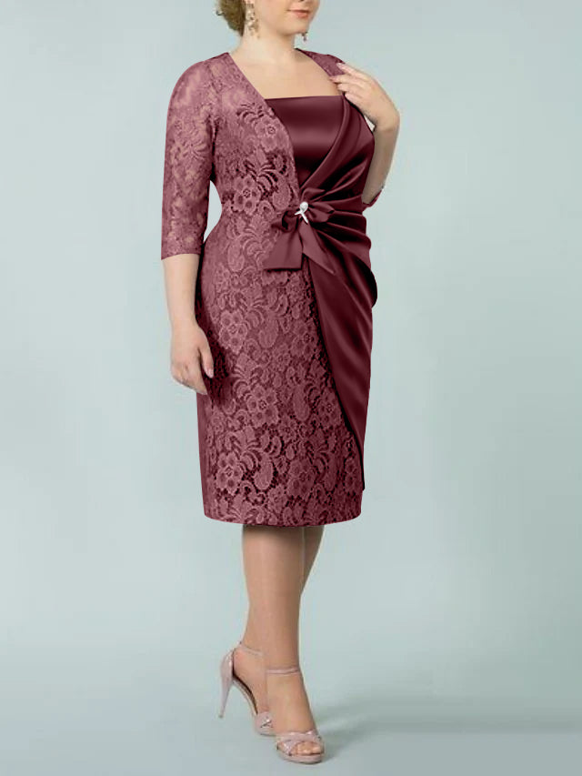Square Neck Tea-Length Mother of the Bride Sheath/Column Dresses