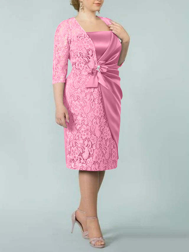 Square Neck Tea-Length Mother of the Bride Sheath/Column Dresses