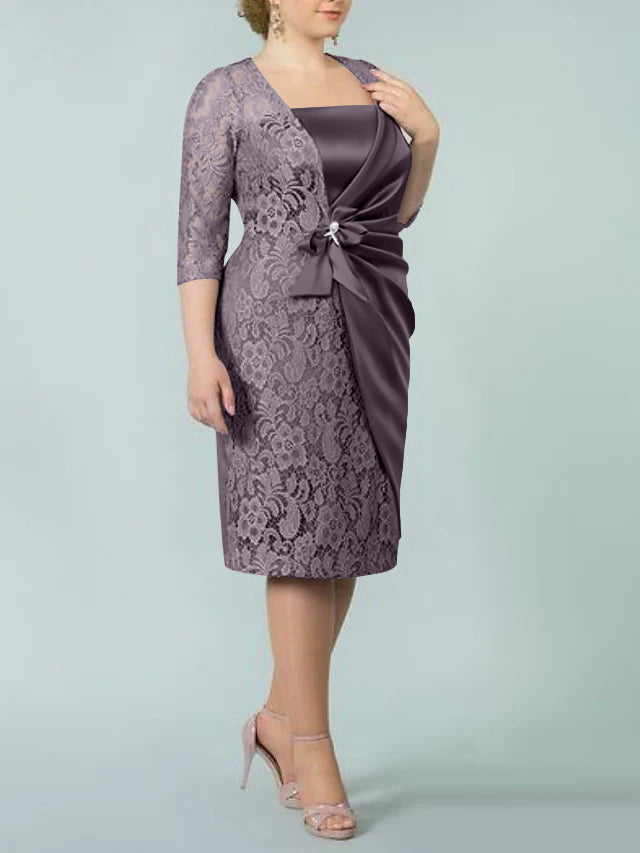 Square Neck Tea-Length Mother of the Bride Sheath/Column Dresses