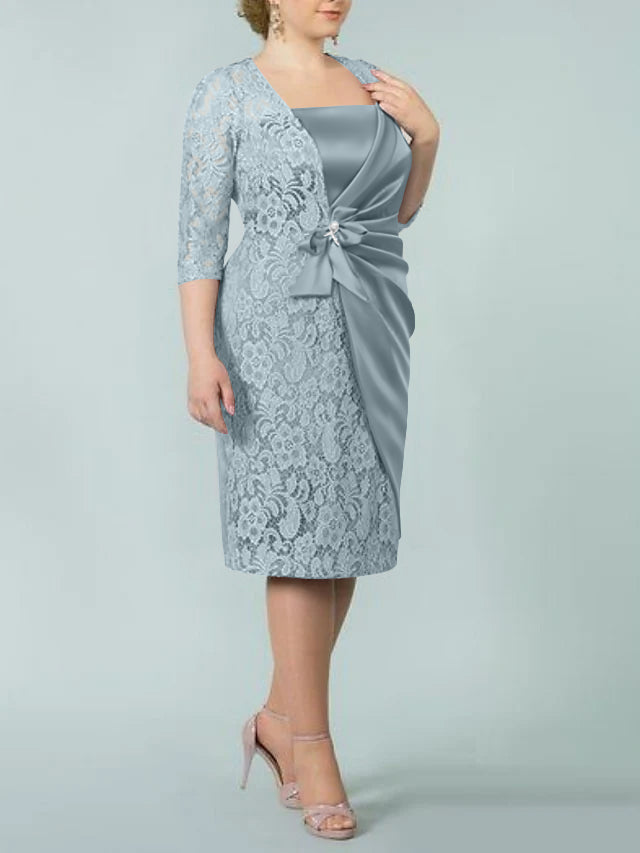 Square Neck Tea-Length Mother of the Bride Sheath/Column Dresses