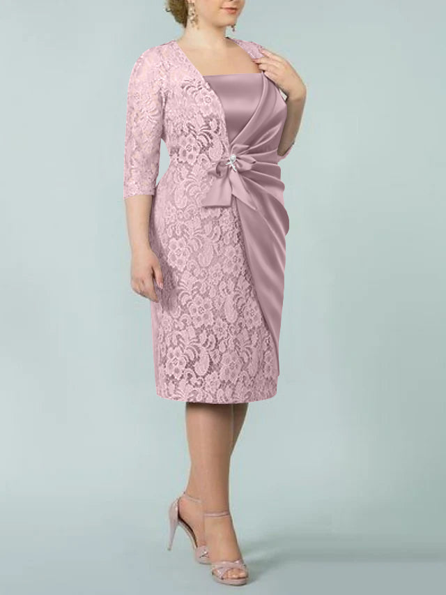 Square Neck Tea-Length Mother of the Bride Sheath/Column Dresses
