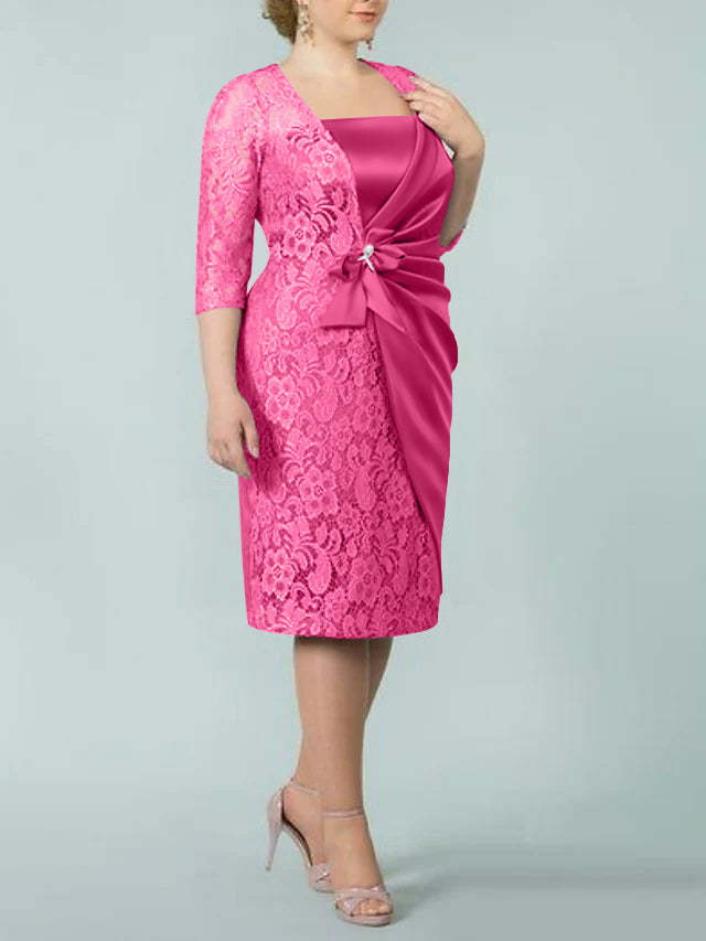 Square Neck Tea-Length Mother of the Bride Sheath/Column Dresses