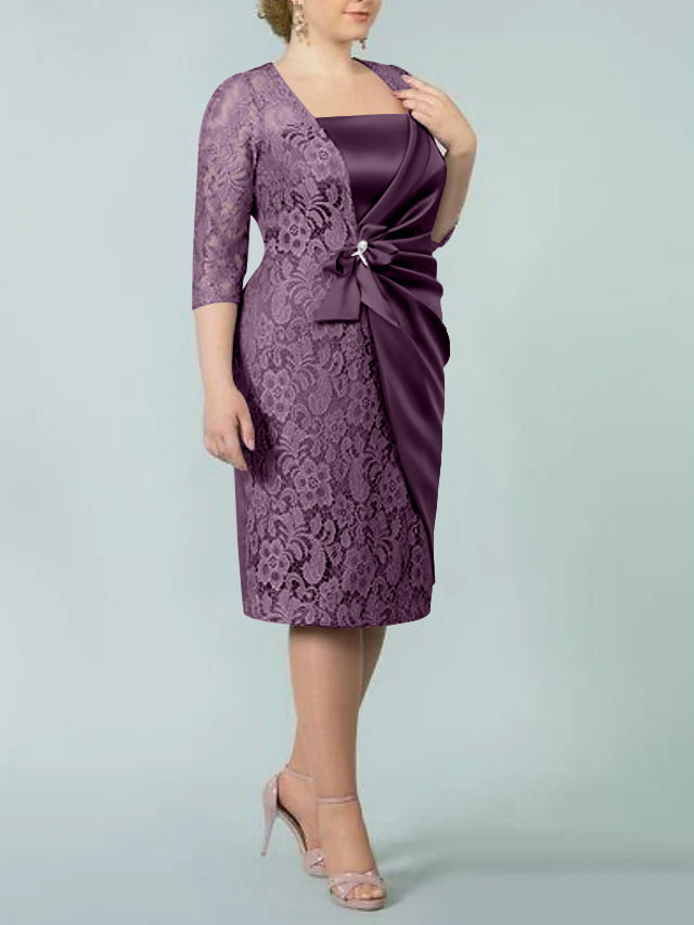 Square Neck Tea-Length Mother of the Bride Sheath/Column Dresses