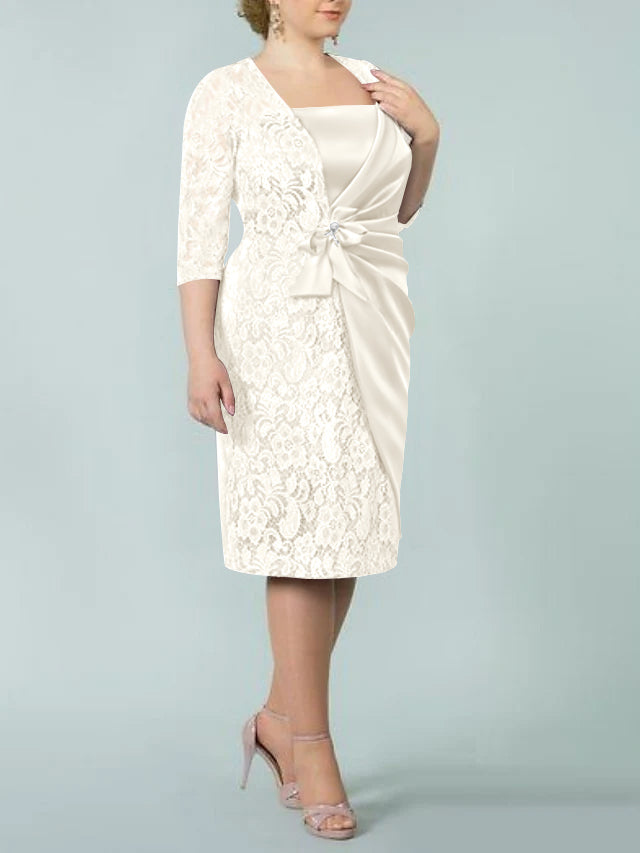 Square Neck Tea-Length Mother of the Bride Sheath/Column Dresses