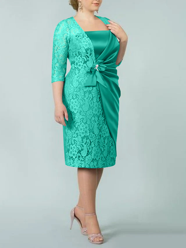 Square Neck Tea-Length Mother of the Bride Sheath/Column Dresses