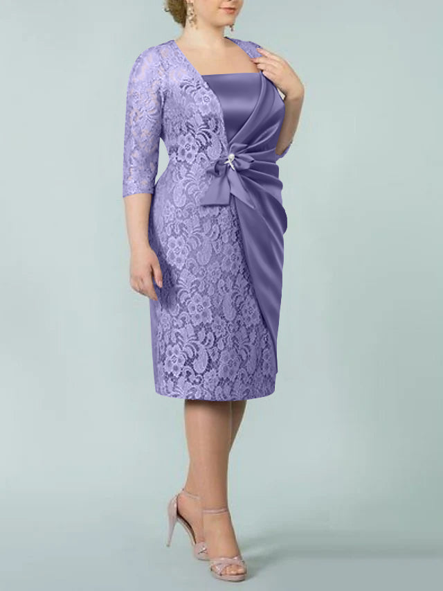 Square Neck Tea-Length Mother of the Bride Sheath/Column Dresses