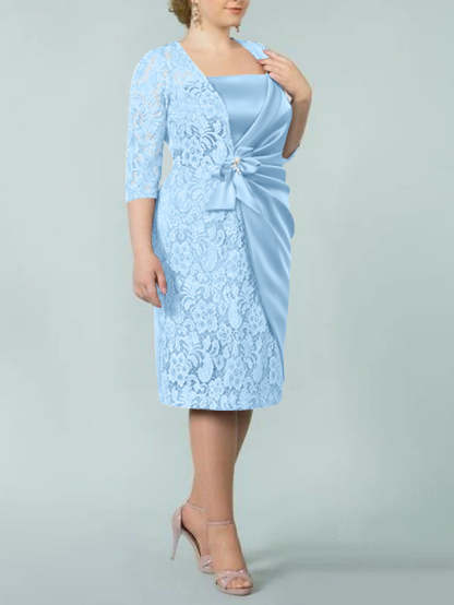 Square Neck Tea-Length Mother of the Bride Sheath/Column Dresses