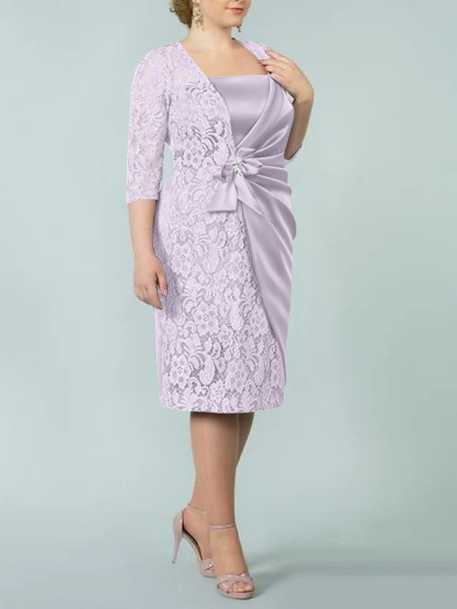 Square Neck Tea-Length Mother of the Bride Sheath/Column Dresses