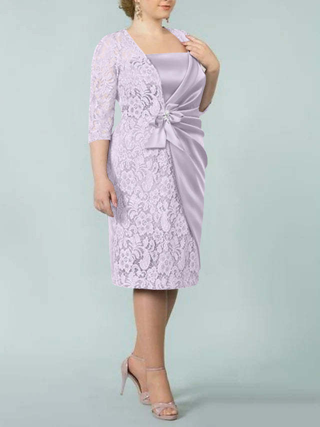 Square Neck Tea-Length Mother of the Bride Sheath/Column Dresses
