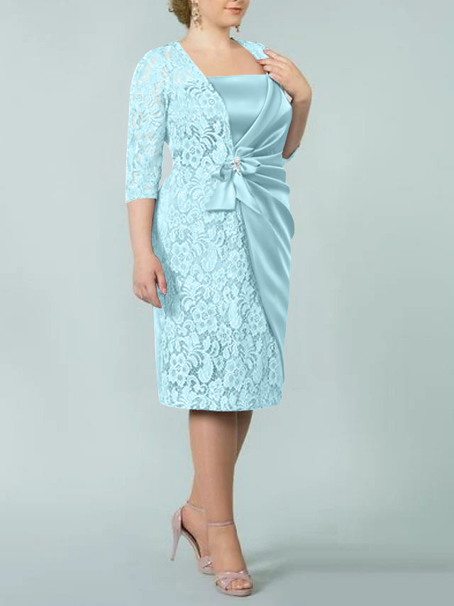 Square Neck Tea-Length Mother of the Bride Sheath/Column Dresses