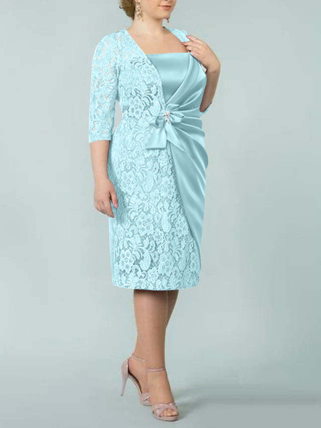 Square Neck Tea-Length Mother of the Bride Sheath/Column Dresses