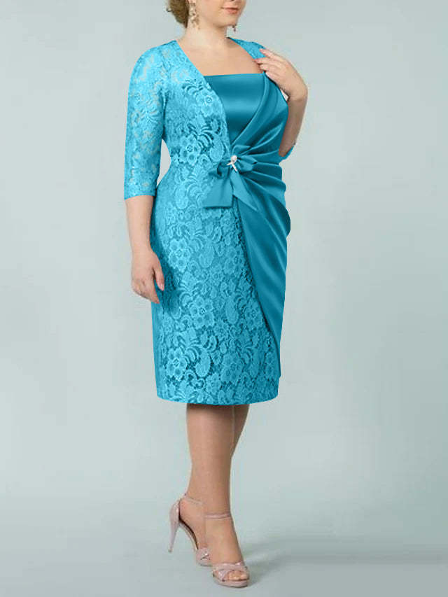 Square Neck Tea-Length Mother of the Bride Sheath/Column Dresses
