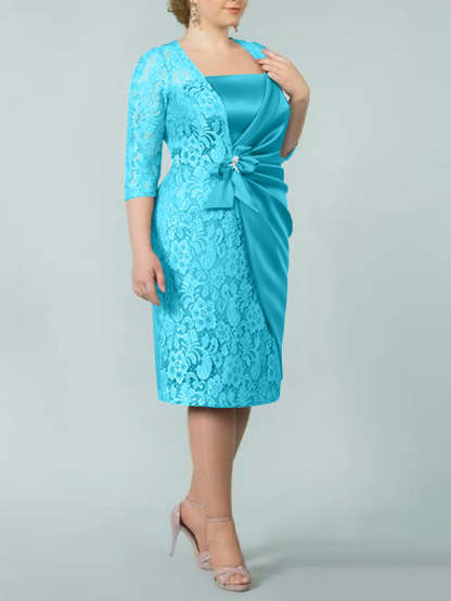 Square Neck Tea-Length Mother of the Bride Sheath/Column Dresses