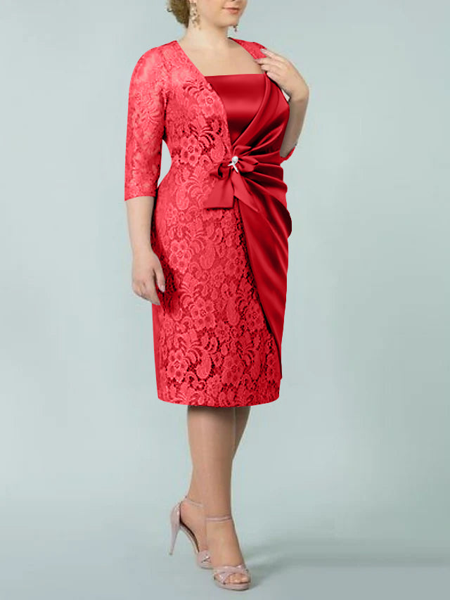 Square Neck Tea-Length Mother of the Bride Sheath/Column Dresses