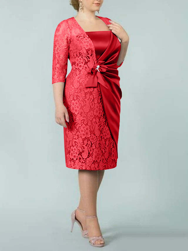 Square Neck Tea-Length Mother of the Bride Sheath/Column Dresses