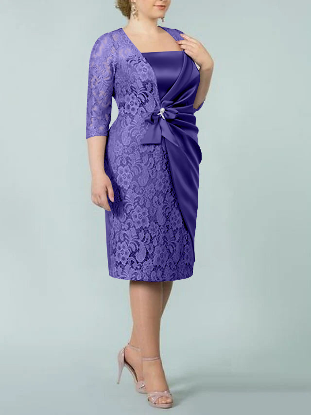 Square Neck Tea-Length Mother of the Bride Sheath/Column Dresses