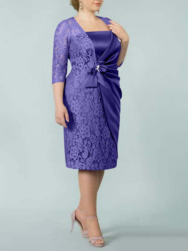 Square Neck Tea-Length Mother of the Bride Sheath/Column Dresses