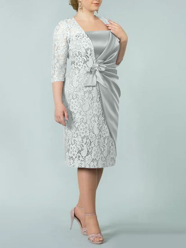 Square Neck Tea-Length Mother of the Bride Sheath/Column Dresses