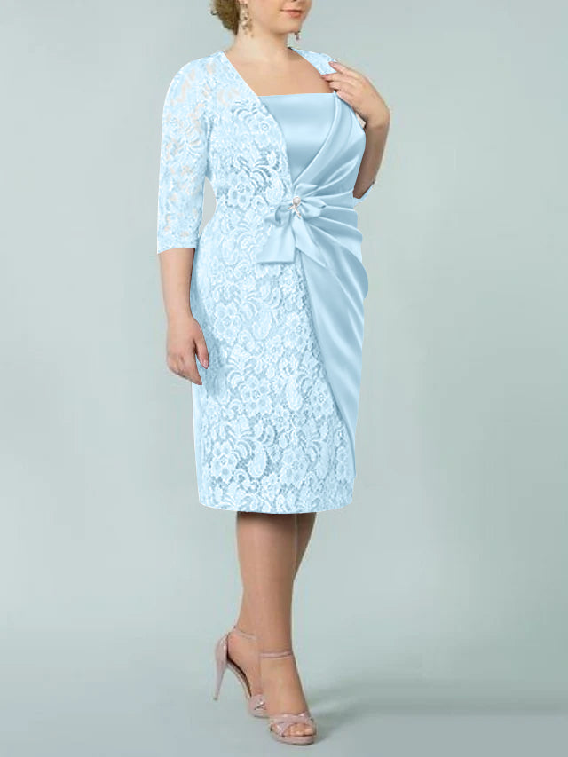 Square Neck Tea-Length Mother of the Bride Sheath/Column Dresses
