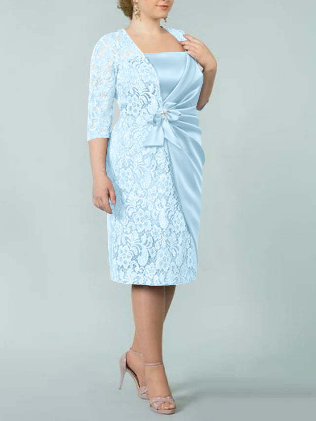Square Neck Tea-Length Mother of the Bride Sheath/Column Dresses