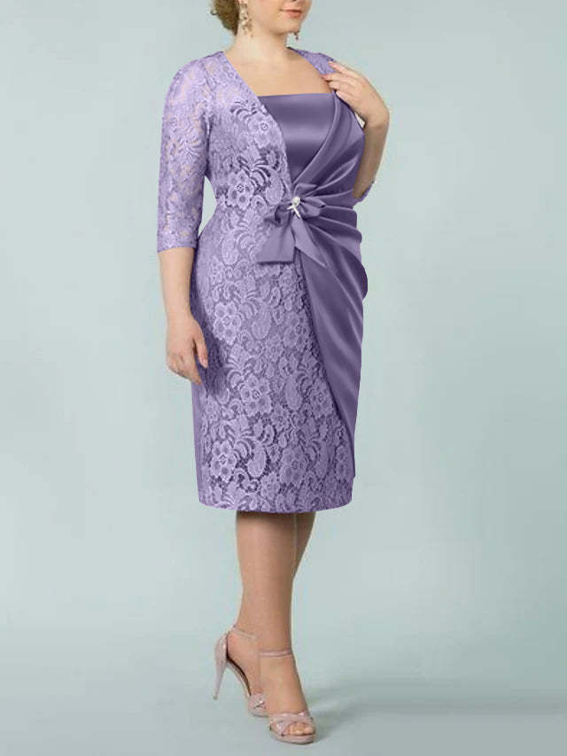 Square Neck Tea-Length Mother of the Bride Sheath/Column Dresses