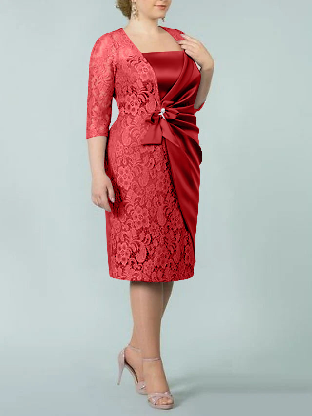 Square Neck Tea-Length Mother of the Bride Sheath/Column Dresses