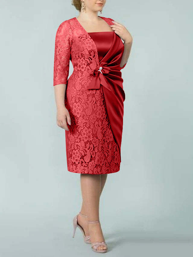 Square Neck Tea-Length Mother of the Bride Sheath/Column Dresses