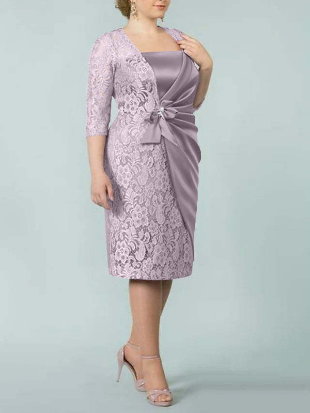 Square Neck Tea-Length Mother of the Bride Sheath/Column Dresses
