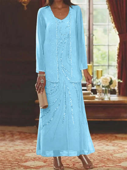 V-Neck Ankle-Length Sheath/Column Mother of the Bride Dresses with Sequins & Jacket