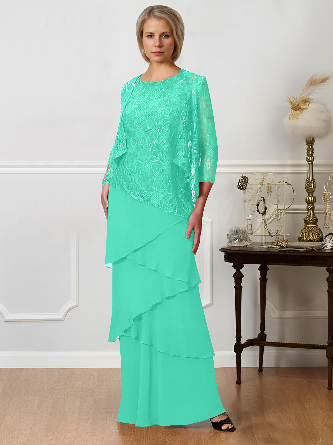 Floor-Length A-Line Mother of the Bride Dresses with Jewel Neck