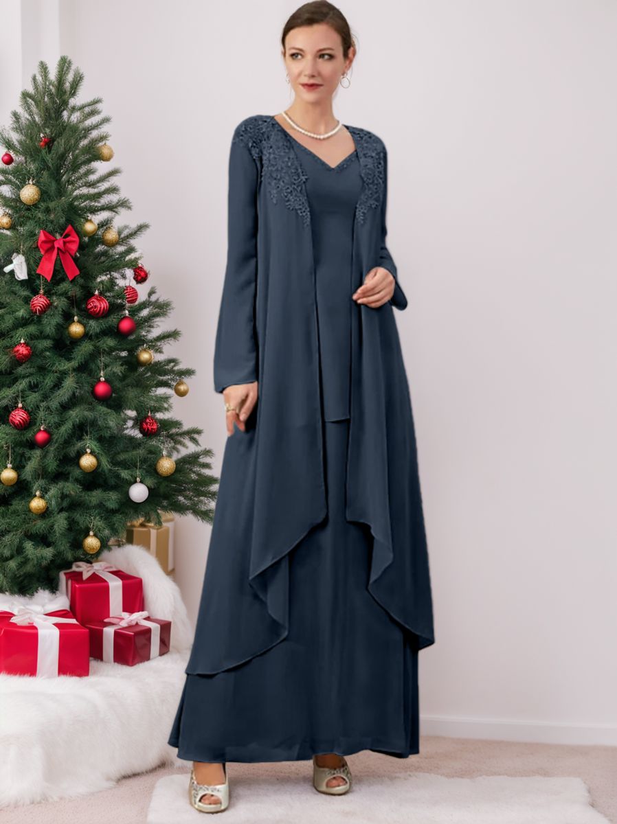 Floor-Length V-Neck A-Line Princess Gown for the Mother of the Bride