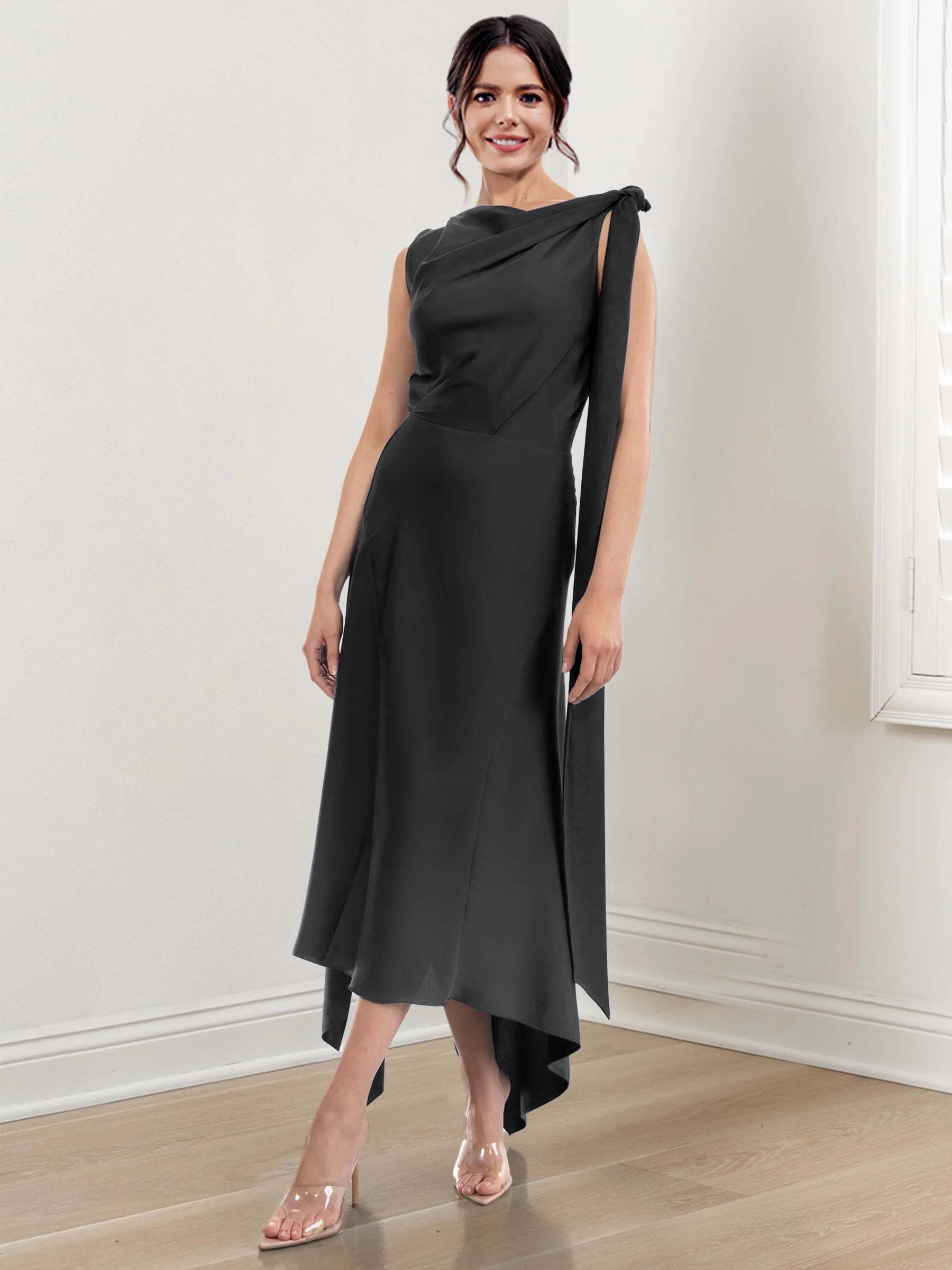 Asymmetrical Tea-Length Mother of the Bride Sheath Dress with Ruched Column Jewel Neck