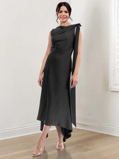 Asymmetrical Tea-Length Mother of the Bride Sheath Dress with Ruched Column Jewel Neck