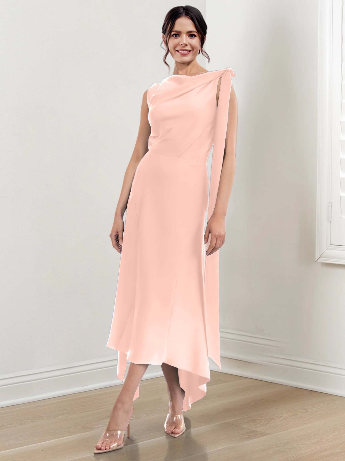 Asymmetrical Tea-Length Mother of the Bride Sheath Dress with Ruched Column Jewel Neck