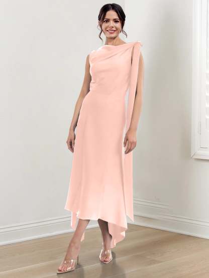 Asymmetrical Tea-Length Mother of the Bride Sheath Dress with Ruched Column Jewel Neck