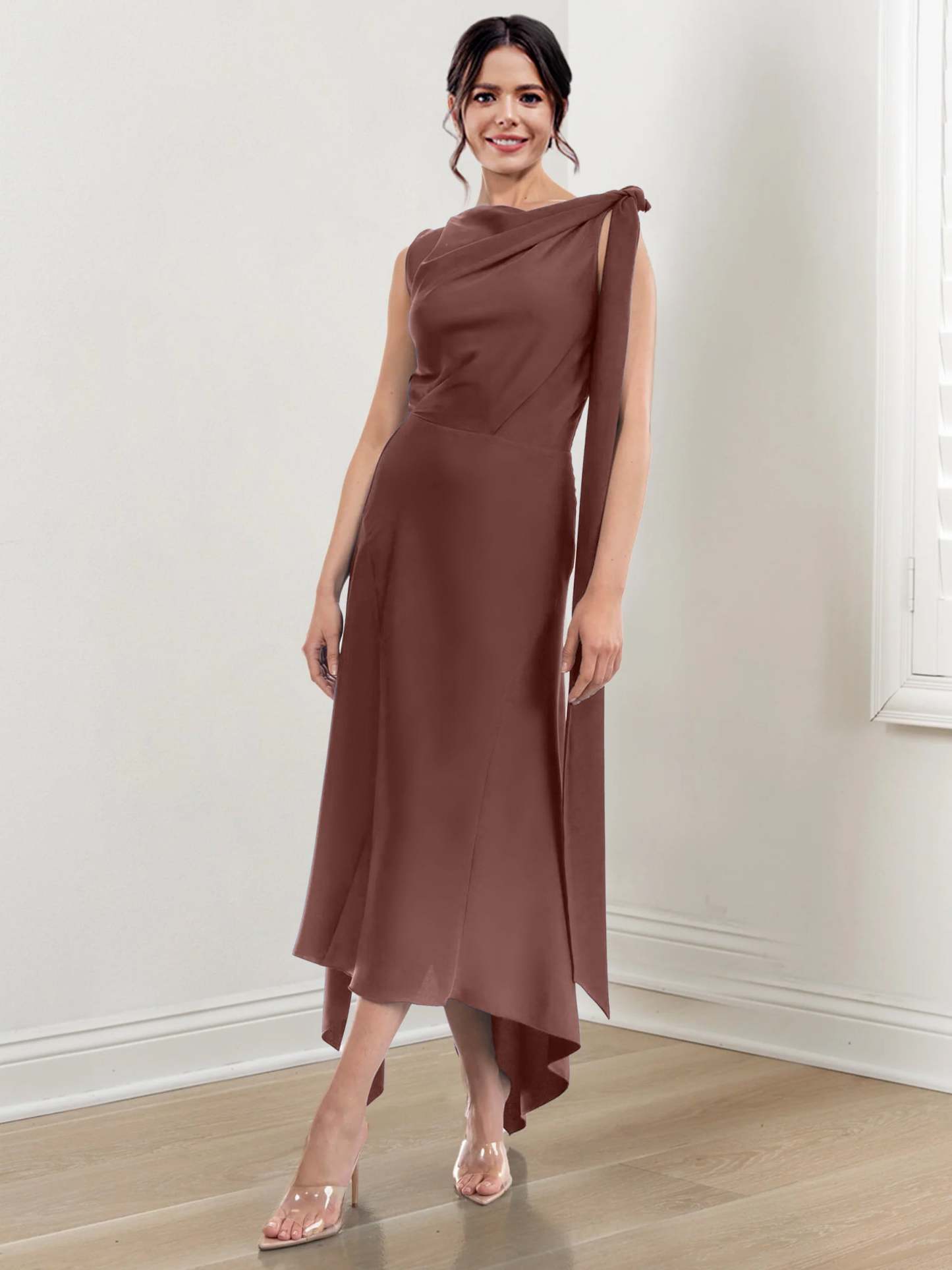 Asymmetrical Tea-Length Mother of the Bride Sheath Dress with Ruched Column Jewel Neck